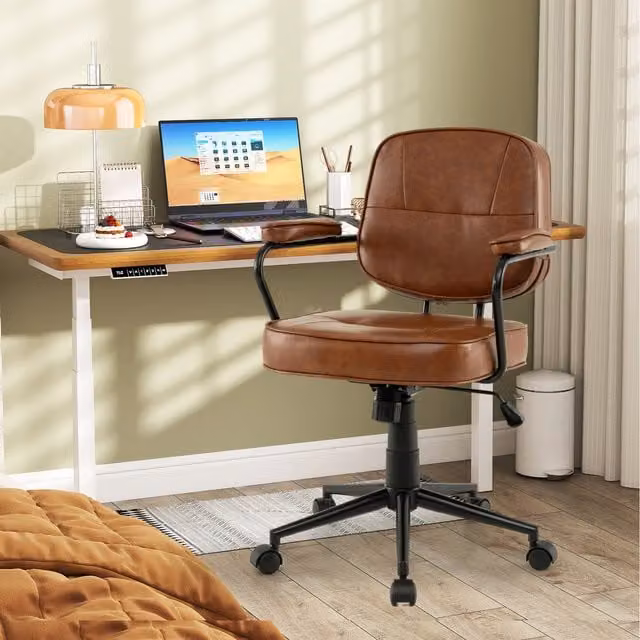 Costway Mid Century Upholstered Task Chair in Brown with Armrests and Synthetic Leather