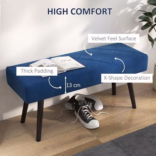 HOMCOM Upholstered Velvet End of Bed Bench with X-Shape Metal Legs, Blue, W/D/H: 120 x 45 x 36 cm – 4