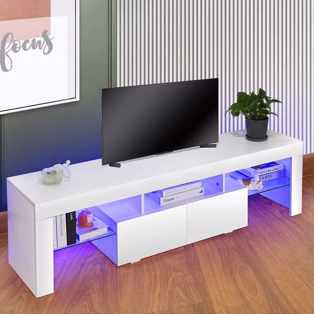 EONLION Modern High Gloss White TV Unit Cabinet with Glass and MDF Details, W: 160 cm, H: 100 cm