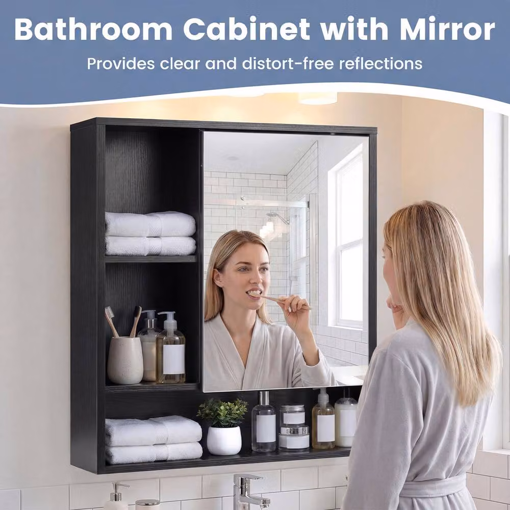 Costway Modern Black Wooden Bathroom Wall Mirror Cabinet with 3 Open Shelves – 6