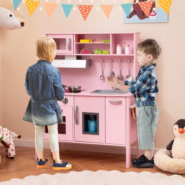 Costway Kids Pretend Play Kitchen in Pink, BPA-Free Plastic