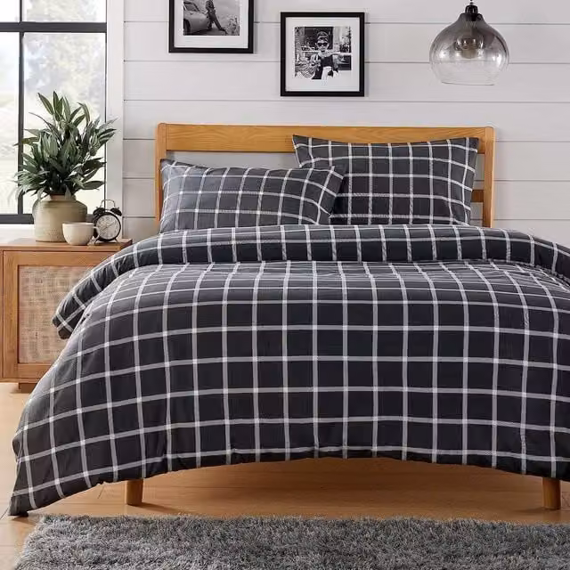 NewEdgeBlinds Grey Checked Modern Printed Duvet Set, W: 140 cm x L: 200 cm