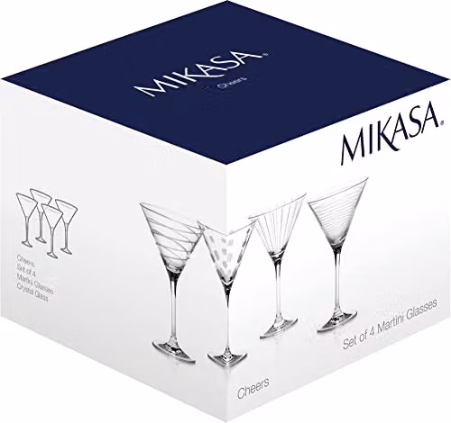 Mikasa Cheers Set of 4 Stemless Martini Cocktail Glasses, 400 ml, Transparent and Silver