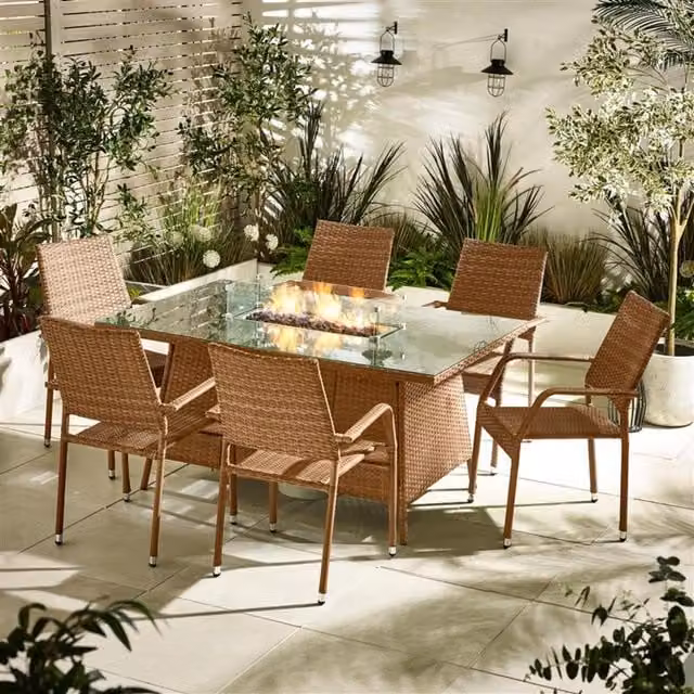 FurnitureboxUK Marbella 6 Seat Rattan Firepit Table Garden Dining Set in Beige and Grey