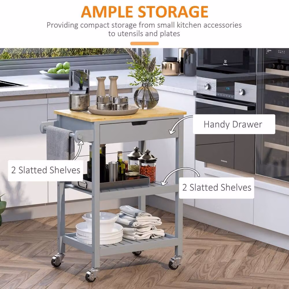 Wyld Haus Vena Grey Kitchen Trolley with Natural Rubberwood Worktop, Drawers and Shelves – 4