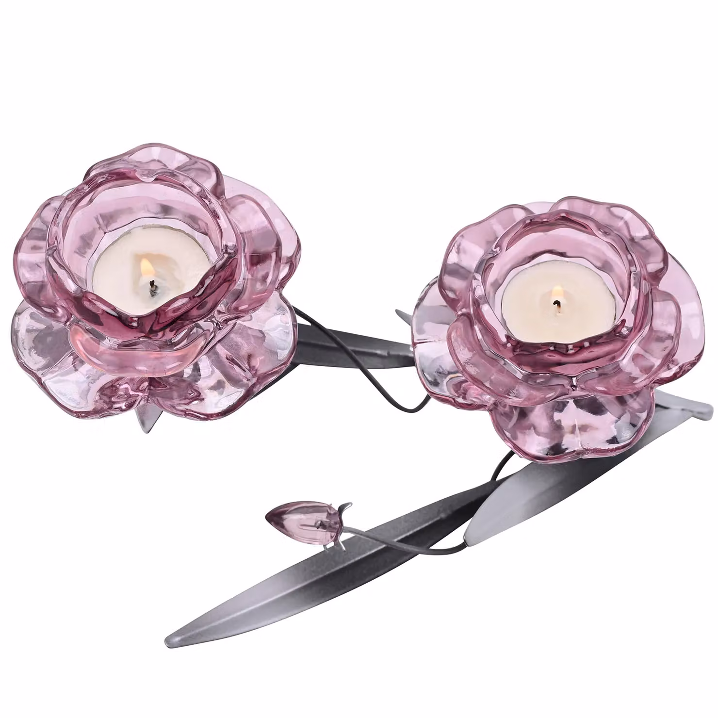Hestia Pink Glass Rose 2 Stem Candle Holder with Black and Silver Base – 2