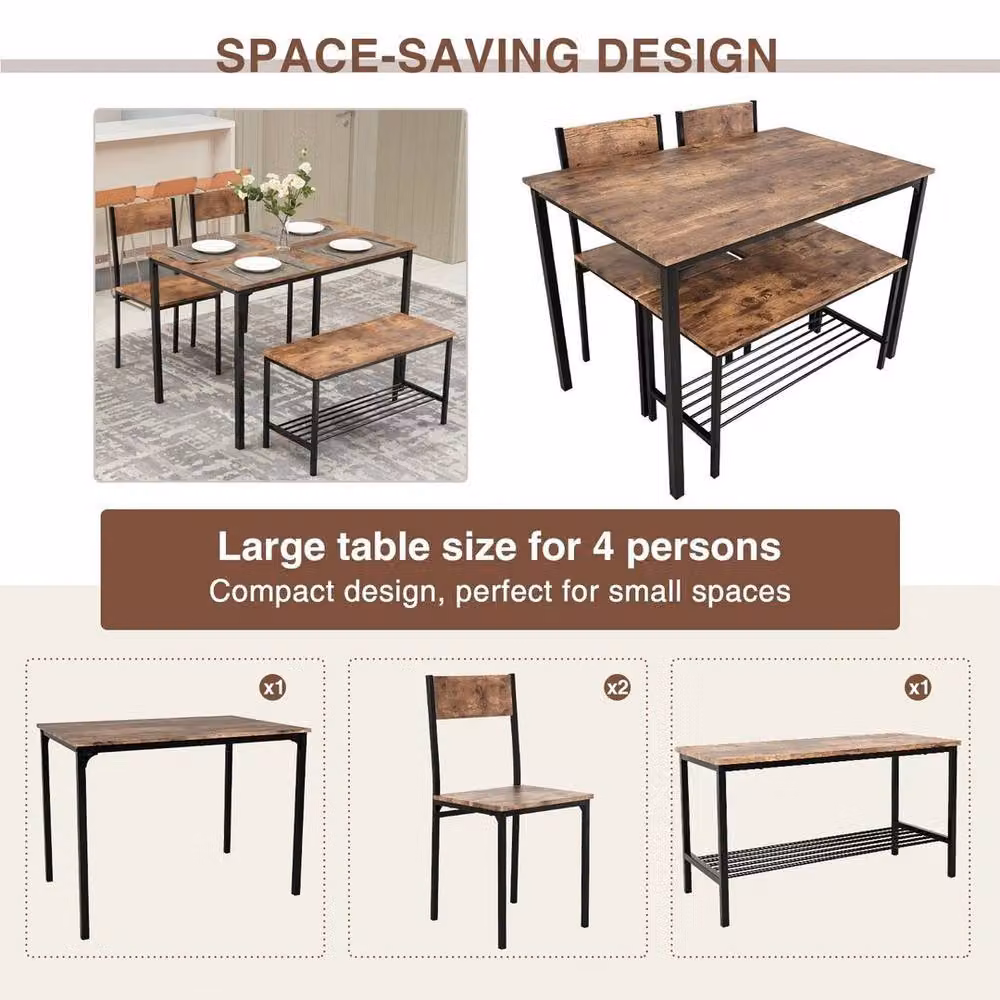 EONLION 4 Piece Compact Rectangular Dining Table Set in Brown and Black, W: 100 cm, H: 76 cm – 3