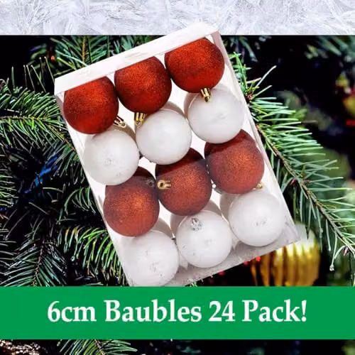 VFM e-Store Red, White and Gold Christmas Tree Baubles, 6cm (24 Pack) – 6