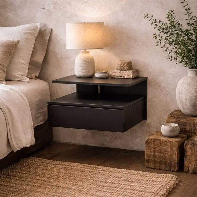 Wyld Haus Lincoln Black Floating Wooden Bedside Table with 1 Drawer and Open Shelf, W: 35.0 cm, D: 22.5 cm, H: 32.0 cm
