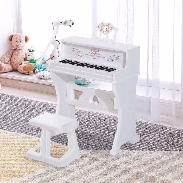 HOMCOM 37 Key Battery Operated Musical Keyboard with Microphone and Stool for Kids in White