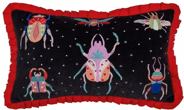 Wylder Tropics Darkling Beetles Embroidered Velvet Cushion in Black, W: 50 cm, H: 30 cm