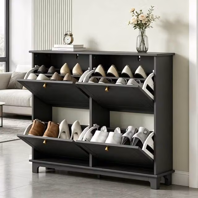 ERGOVEXA Slim Shoe Storage Cabinet with 4 Tilting Compartments and Adjustable Shelves in Black and Gold – 1