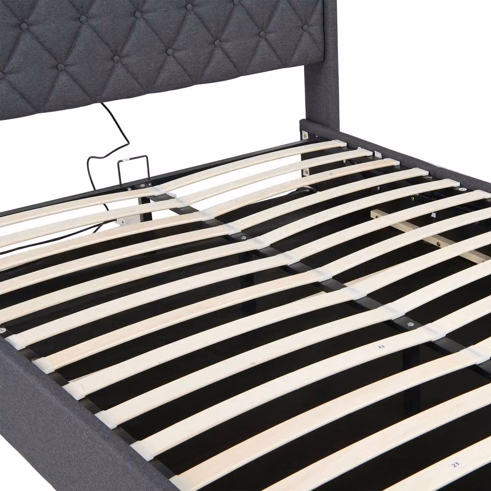 BTM Grey Upholstered King Size Ottoman Bed Frame with Hydraulic Storage, USB Charging Port and Under-Bed Lighting, W/D/H: 180 x 200 cm – 8