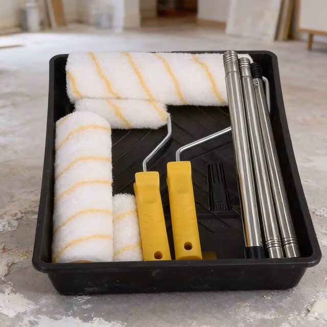 Ventryn Paint Roller Set with Tray, Extension Pole and Brush Sleeves in Black