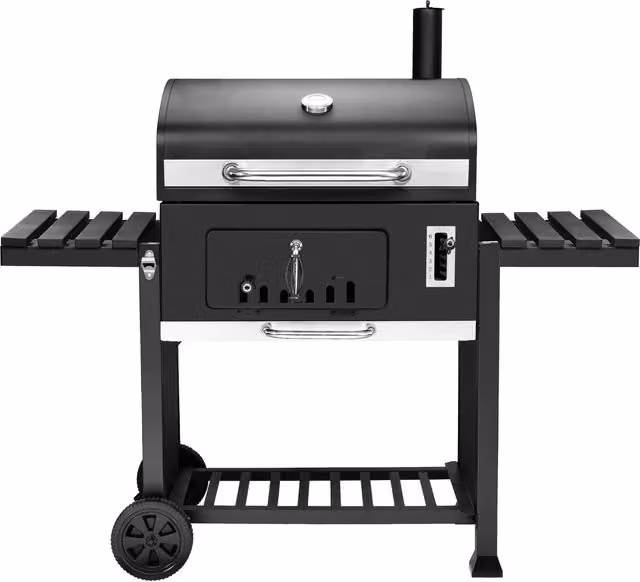 Callow XXL Charcoal BBQ Grill with Thermometer and Two Side Tables, Black