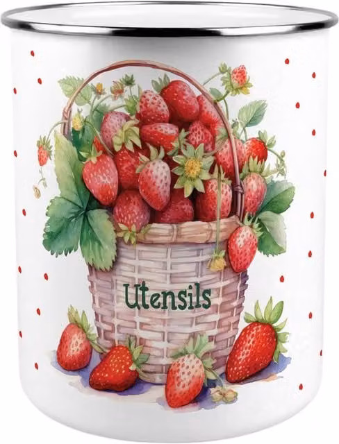 Purely Home Strawberry Basket Kitchen Utensil Holder in Red and White Metal