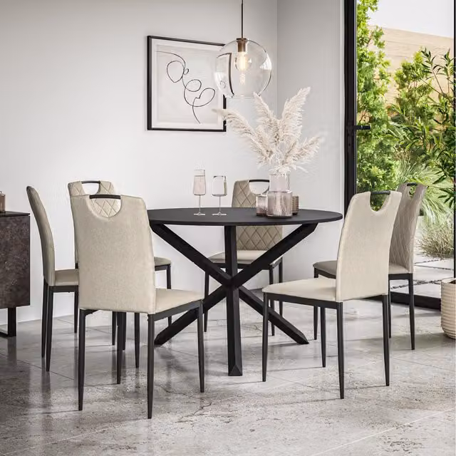 More4Homes Malvern Round Black Dining Table Set with 6 Beige Monza Fabric Chairs and Black Oak Legs, Diameter: 120 cm, Height: 75 cm