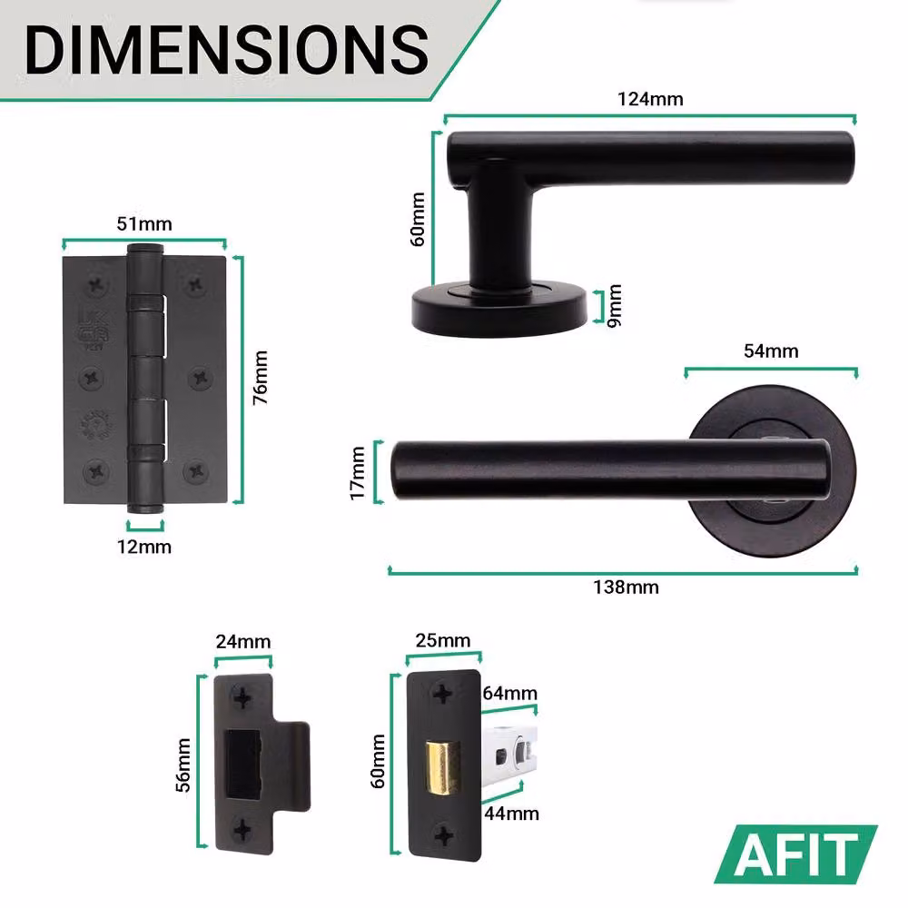 AFIT Black T-Bar Door Handles with Round Rose and Latch Hinges, 3 Pack, W/D/H: 15 x 15 x 15 cm – 4