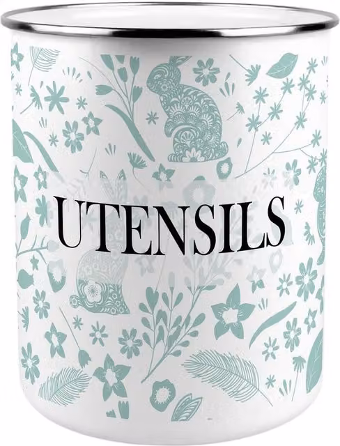 Purely Home Green Wild Rabbits Kitchen Utensil Holder in Ceramic and Enamel
