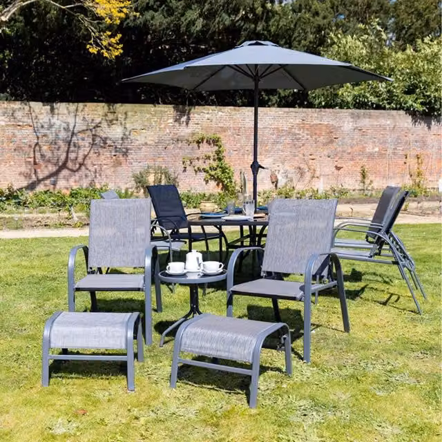 Primrose 6 Seater Grey Reclining Glass Table Garden Leisure Set with Parasol