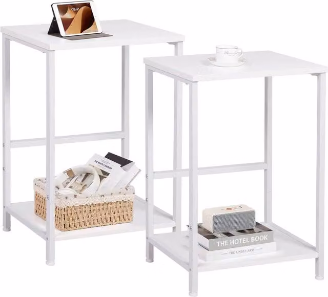 FORGEVIO Set of 2 White 2-Tier Side Tables, W/D/H: 39 x 29 x 55 cm