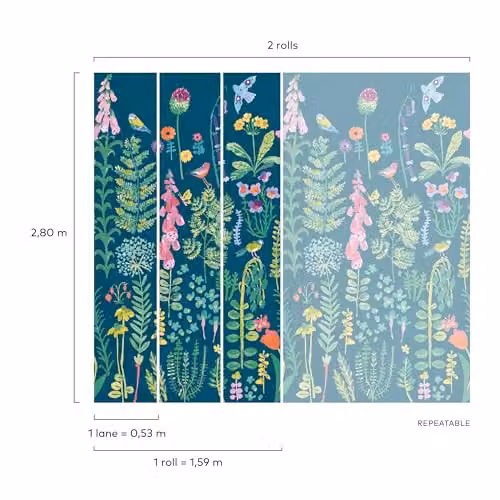 Grandeco Spring Meadow Flower Painted Sprig 3 Lane Repeatable Wallpaper Mural in Dark Teal, W: 280 cm, H: 159 cm – 2