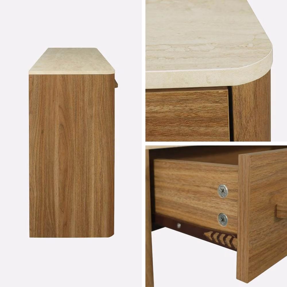 Sweekeek Modern Console Table with Travertine Effect Top and 2 Drawers in Dark Brown – 3