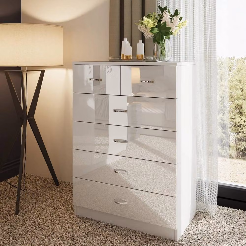 FLAVORA Gloss White 6 Drawer Chest of Drawers and Bedside Table – 2