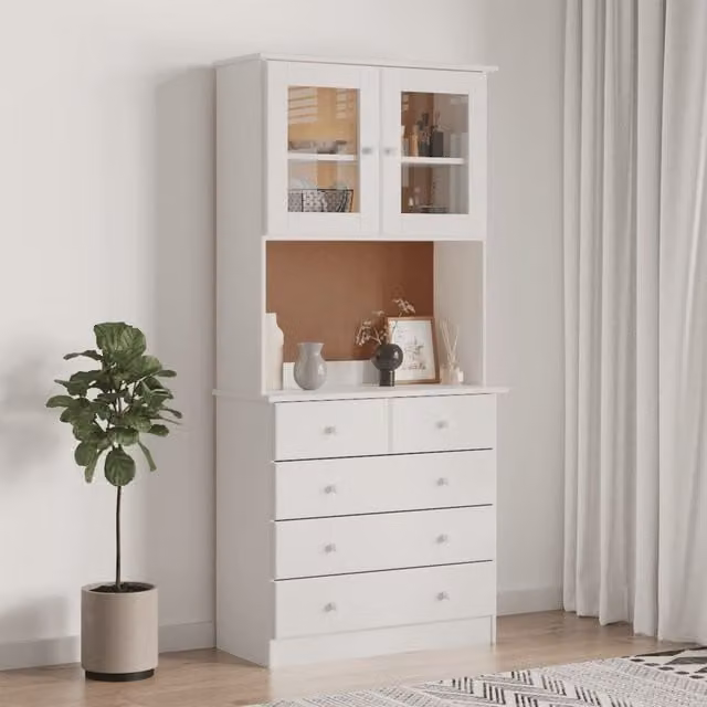 Berkfield Home ALTA Highboard in White Solid Wood Pine with Glass Doors, W/D/H: 77 x 35 x 165 cm