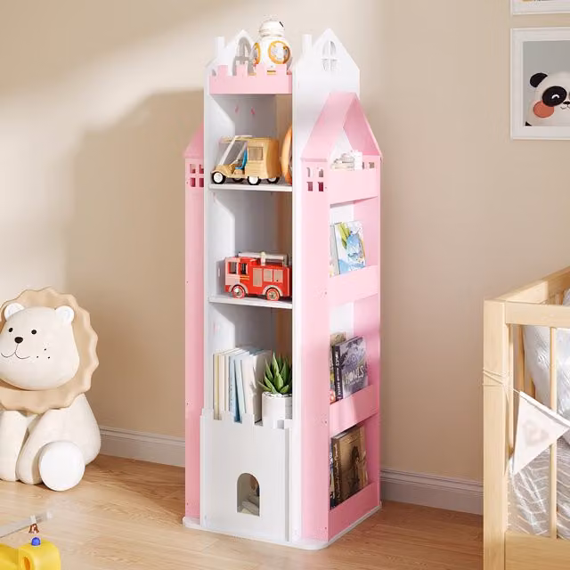 Livingandhome 5-Tier Pink Castle Rotating Bookshelf for Children