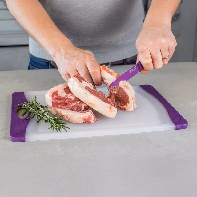 Kitchen Craft Reversible Rectangular Plastic Cutting Board with Handle and Non-Slip Feet, Purple
