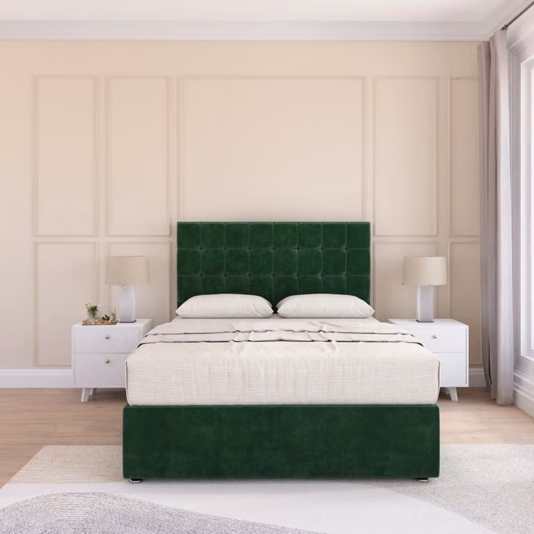 Sloomy Alabama Small Single Divan Bed Base with 54 inch Floor Standing Headboard in Emerald Green Velvet