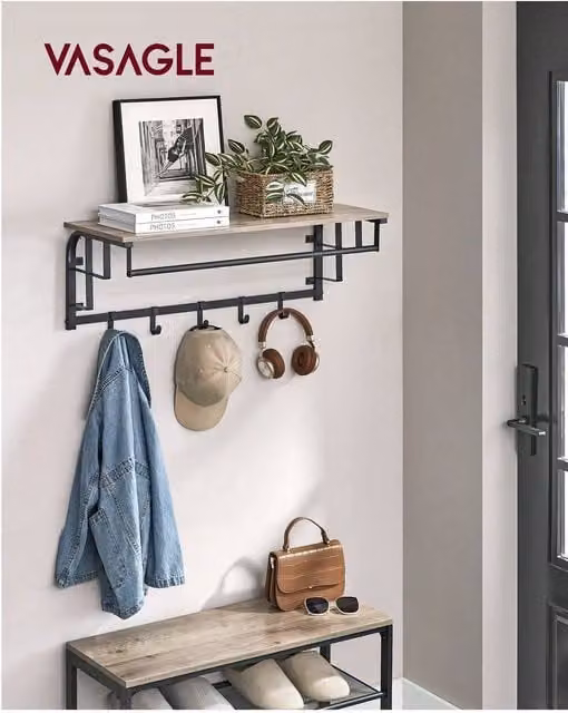 VASAGLE Rustic Brown Wall-Mounted Entryway Coat Rack with Dual Hook and Rail Matrix