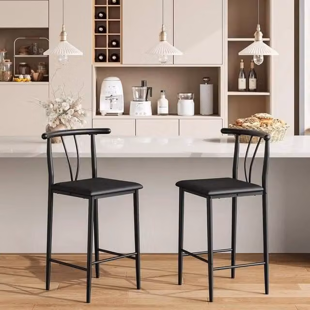 KORVIXA Set of 2 Modern Black Synthetic Leather Kitchen Barstools with Backrest and Footrest – 1