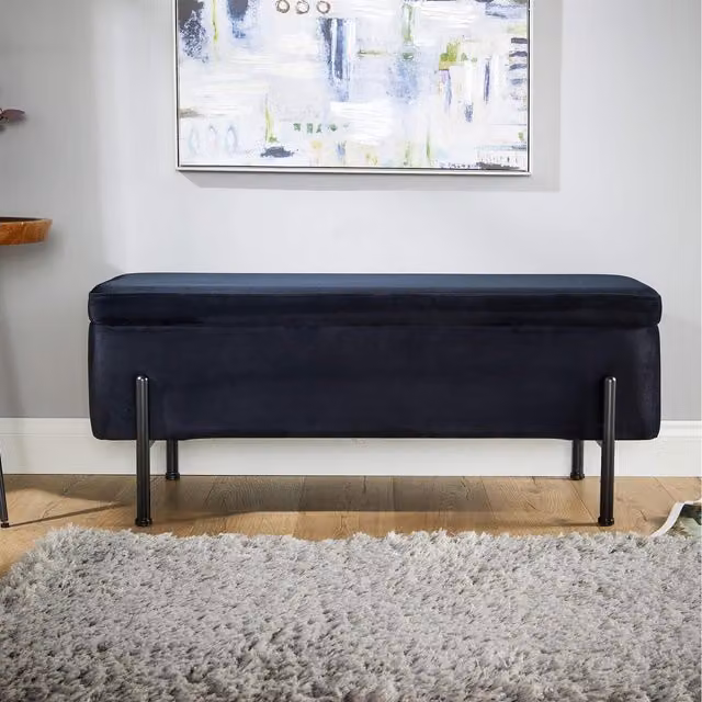 Home Source Oasis Ottoman in Blue Velvet with Black Metal Legs
