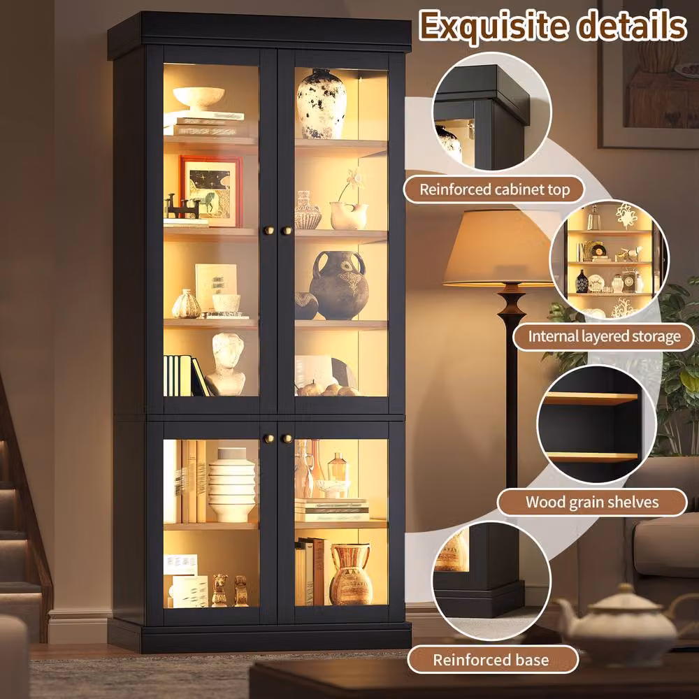 Merax Modern Tall Glass Display Cabinet with Integrated Lighting in Black, H 180 x W 40 x D 50 cm – 5