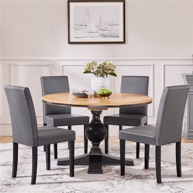 Yaheetech Set of 2 Modern Dining Chairs in Grey Fabric and Synthetic Leather with Rubberwood Legs