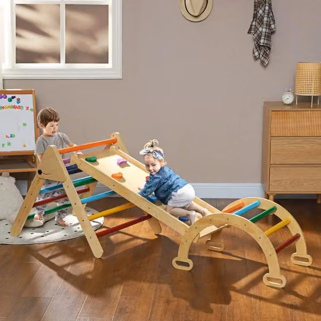 Chilli Seating 5 in 1 Toddler Climbing Frame with Ramp in Brown and Multicolour Wood