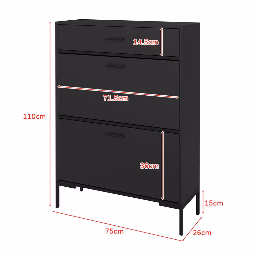 ERGOVEXA Slim Black Shoe Storage Cabinet with 3 Tilting Drawers and Internal Shelves – 2