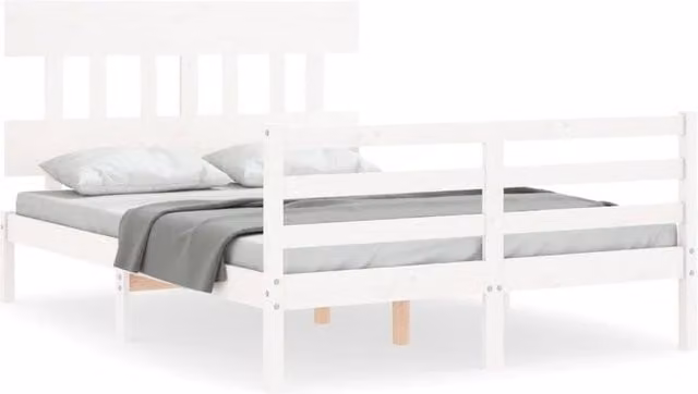 Berkfield Home Solid Wood Pine Bed Frame with Headboard in White, W/D/H: 140 x 190 cm – 1