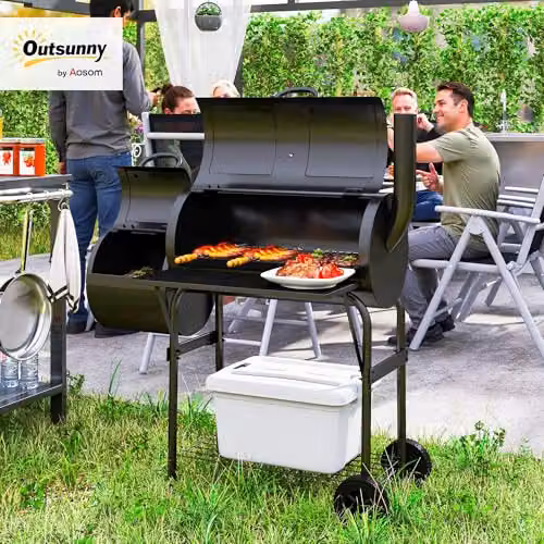 Outsunny Black Steel Offset Charcoal BBQ Grill with Thermometer and Wheels, W/D/H: 120 x 60 x 109 cm – 2