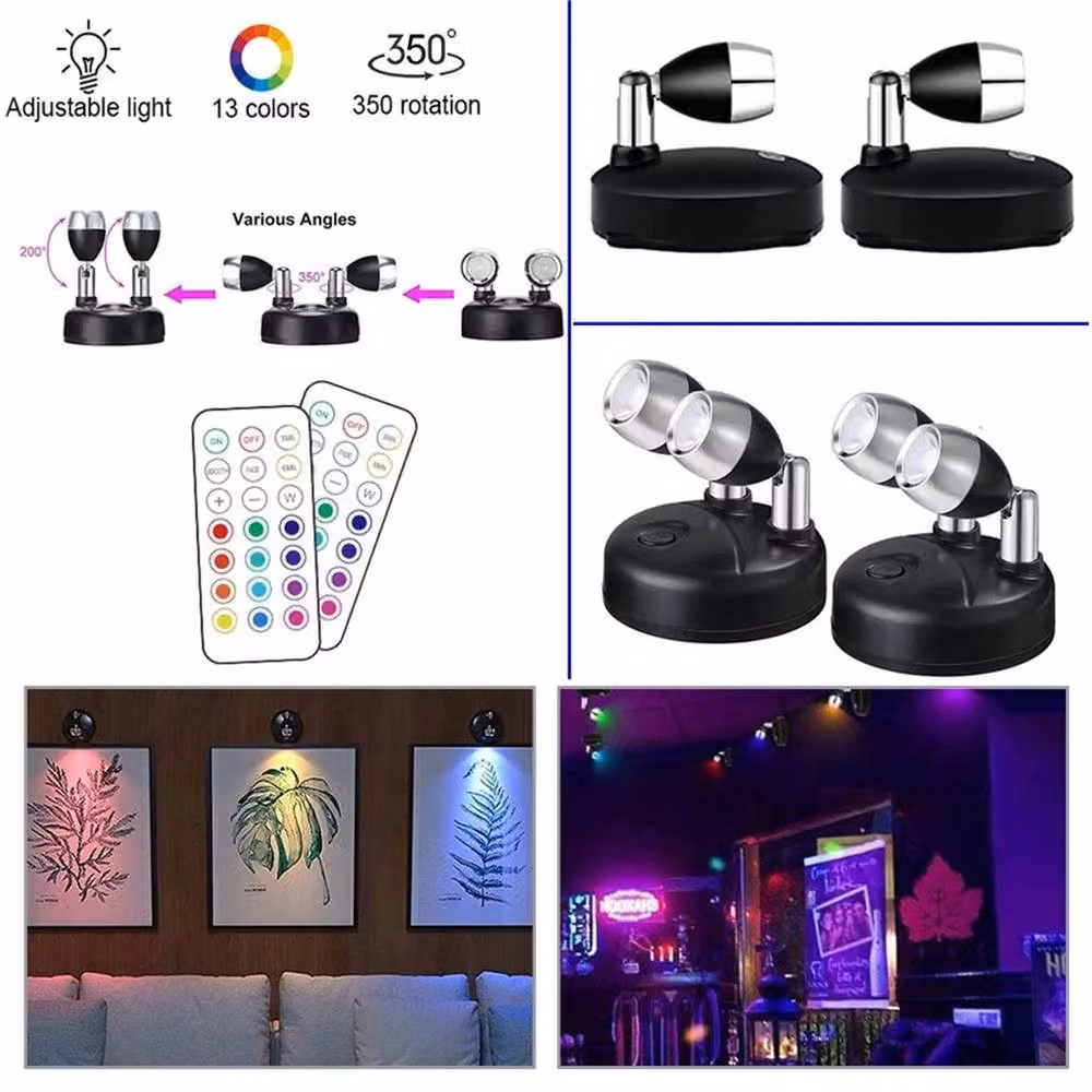 Nordara 2-Pack Dual Head RGB Colour Changing Wireless LED Puck Lights in Black – 3