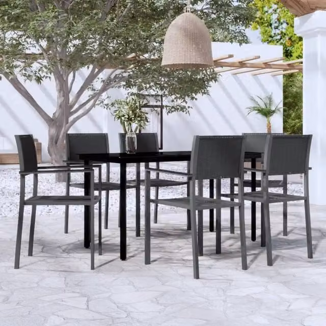 Berkfield Home 7 Piece Modern Garden Dining Set in Matt Black Powder Coated Steel with Glass Top – 1