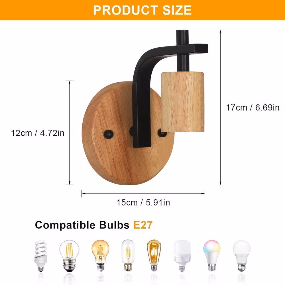 Pheashine 2-Pack Retro Wood and Metal E27 Wall Sconce Lights in Brown – 3