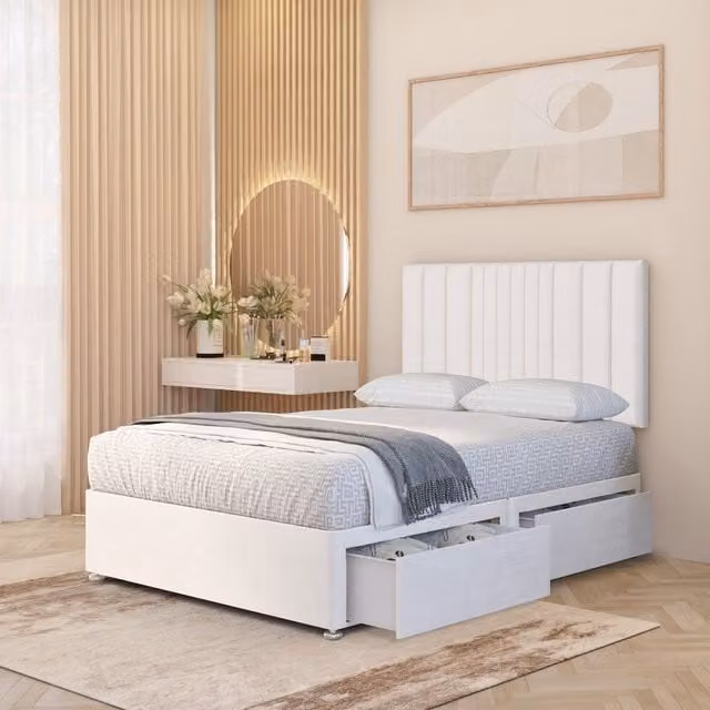 Somnior Beds Ltd Arizona White Plush Velvet Orthopaedic Divan Bed Set with Hybrid Mattress and 32 inch Headboard, W/D/H: 140 x 200 cm