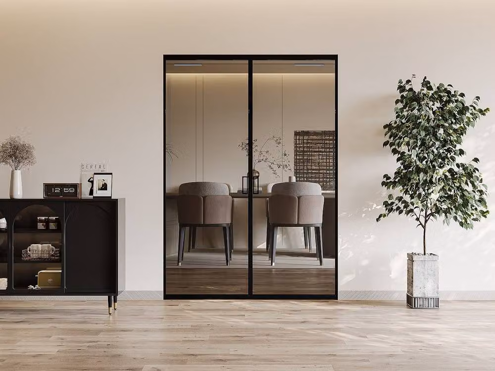 Vente-unique Modern Double Sliding Pocket Door System in Black Aluminium and Smoked Glass, H: 205 cm, W: 93 cm, D: 2 cm – 2
