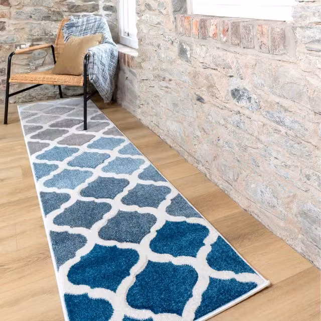 The Rug House Trellis Geometric Carved Rug in Blue and Grey, W: 240 cm, D: 60 cm