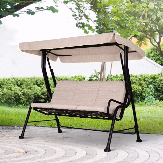Outsunny Modern 3-Person Metal Porch Swing Chair with UV-Resistant Sun Canopy in Beige and Black