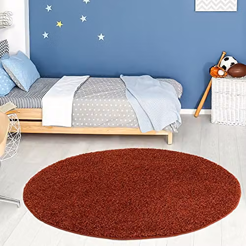 THE RUGS Terra Plain Soft High Pile Shaggy Round Rug in Orange, Diameter: 120 cm – 1
