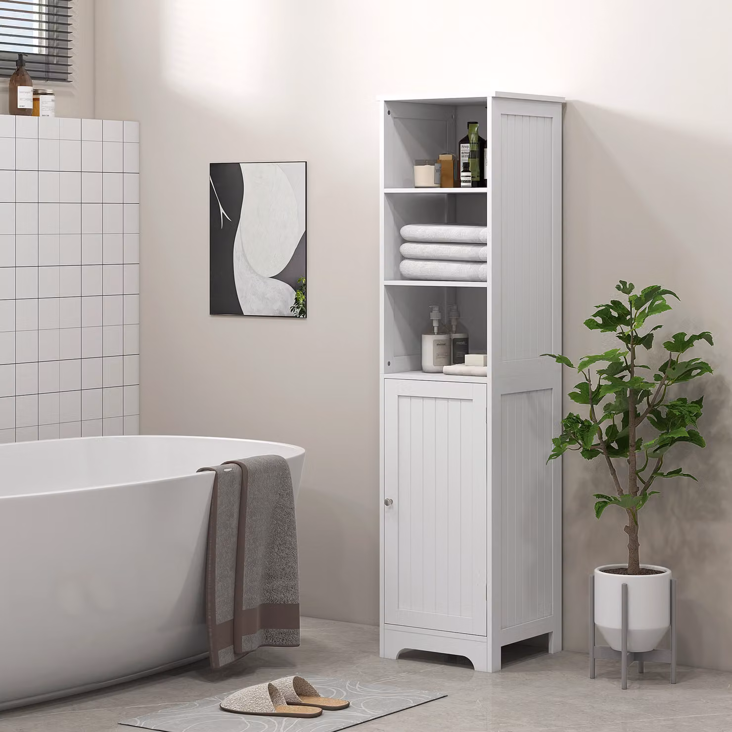 HOMCOM Slim White Bathroom Storage Cabinet with Hinged Doors and Open Shelves – 2